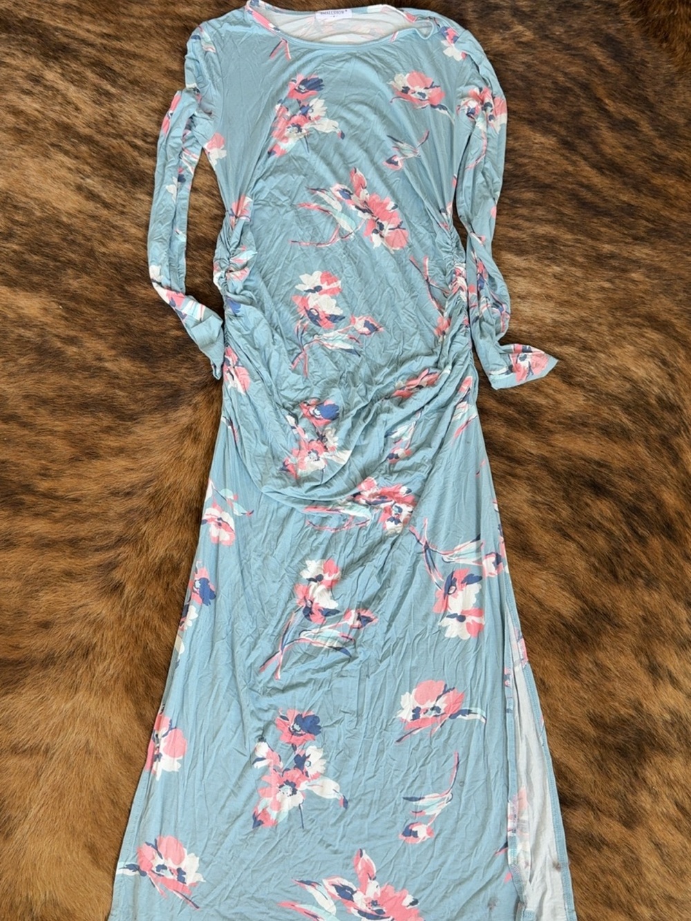 Light Blue Floral Long Sleeve Maternity Maxi Dress